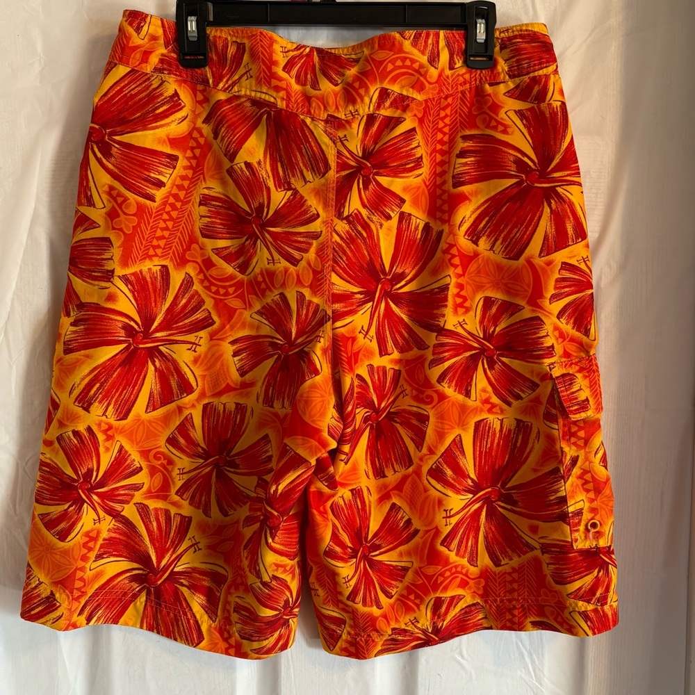 Bke Buckle Wet Hawaiian Board Shorts Swim Trunks Size 34 Bold Floral Orange Red